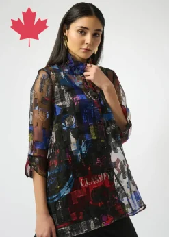 Joseph Ribkoff - Burnout Organza Word Print Long Blouse