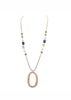 Merx - Hammered Open Pendant Multi Bead Long Necklace